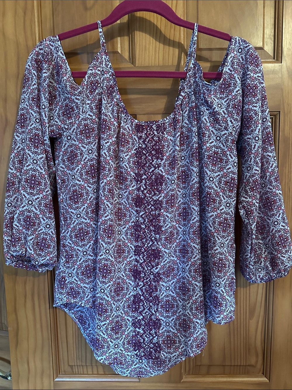Rewind Burgundy Patterned Long Sleeve Off-Shoulder Top